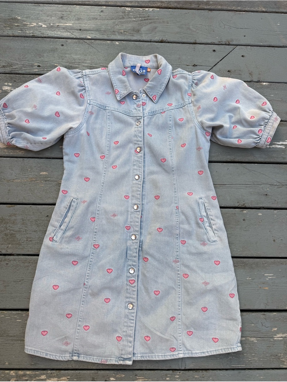 Anthropologie Cras Patti Denim Dress Blue Denim Dress with Pink Heart Embroidery